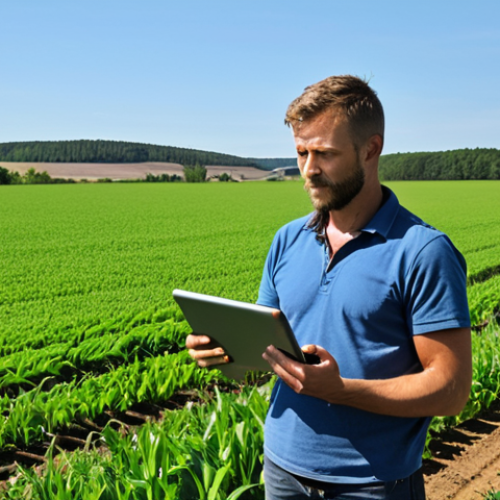 Home 13 **Prompt 1: The Digital Farmer's Command Center**
A modern German farmer, around 30-40 years old, male or female, stands confidently in a vast, vibrant green field during a sunny day. They hold a rugged tablet displaying a sophisticated, color-coded map of their land, indicating real-time sensor data, yield variations, and precision application zones. In the background, a high-tech, GPS-guided tractor operates autonomously, and a small drone hovers, signifying advanced data collection. The scene emphasizes innovation, data-driven decisions, and the seamless integration of technology in contemporary agriculture.