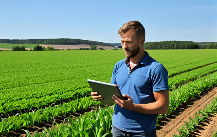 **Prompt 1: The Digital Farmer's Command Center**
A modern German farmer, around 30-40 years old, male or female, stands confidently in a vast, vibrant green field during a sunny day. They hold a rugged tablet displaying a sophisticated, color-coded map of their land, indicating real-time sensor data, yield variations, and precision application zones. In the background, a high-tech, GPS-guided tractor operates autonomously, and a small drone hovers, signifying advanced data collection. The scene emphasizes innovation, data-driven decisions, and the seamless integration of technology in contemporary agriculture.