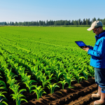 A professional agricultural scientist, mid-career, wearing practical, modest field clothing and sturdy boots, stands in a vibrant green crop field under a clear sky. They are intently observing a holographic data display projected from a sleek, compact drone hovering nearby, which illustrates real-time analytics of soil moisture and plant health. In the distant background, a modern, sensor-equipped tractor is subtly integrated into the vast, healthy landscape. The image conveys advanced precision farming, focusing on data-driven decision-making and efficient resource management. The lighting is natural and bright, emphasizing innovation and sustainability. Perfect anatomy, correct proportions, natural pose, well-formed hands, proper finger count. safe for work, appropriate content, fully clothed, professional, family-friendly, high quality, professional photography, cinematic lighting, ultra-detailed.