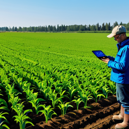 A professional agricultural scientist, mid-career, wearing practical, modest field clothing and sturdy boots, stands in a vibrant green crop field under a clear sky. They are intently observing a holographic data display projected from a sleek, compact drone hovering nearby, which illustrates real-time analytics of soil moisture and plant health. In the distant background, a modern, sensor-equipped tractor is subtly integrated into the vast, healthy landscape. The image conveys advanced precision farming, focusing on data-driven decision-making and efficient resource management. The lighting is natural and bright, emphasizing innovation and sustainability. Perfect anatomy, correct proportions, natural pose, well-formed hands, proper finger count. safe for work, appropriate content, fully clothed, professional, family-friendly, high quality, professional photography, cinematic lighting, ultra-detailed.