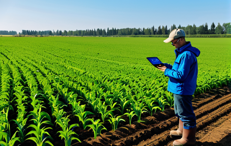 A professional agricultural scientist, mid-career, wearing practical, modest field clothing and sturdy boots, stands in a vibrant green crop field under a clear sky. They are intently observing a holographic data display projected from a sleek, compact drone hovering nearby, which illustrates real-time analytics of soil moisture and plant health. In the distant background, a modern, sensor-equipped tractor is subtly integrated into the vast, healthy landscape. The image conveys advanced precision farming, focusing on data-driven decision-making and efficient resource management. The lighting is natural and bright, emphasizing innovation and sustainability. Perfect anatomy, correct proportions, natural pose, well-formed hands, proper finger count. safe for work, appropriate content, fully clothed, professional, family-friendly, high quality, professional photography, cinematic lighting, ultra-detailed.