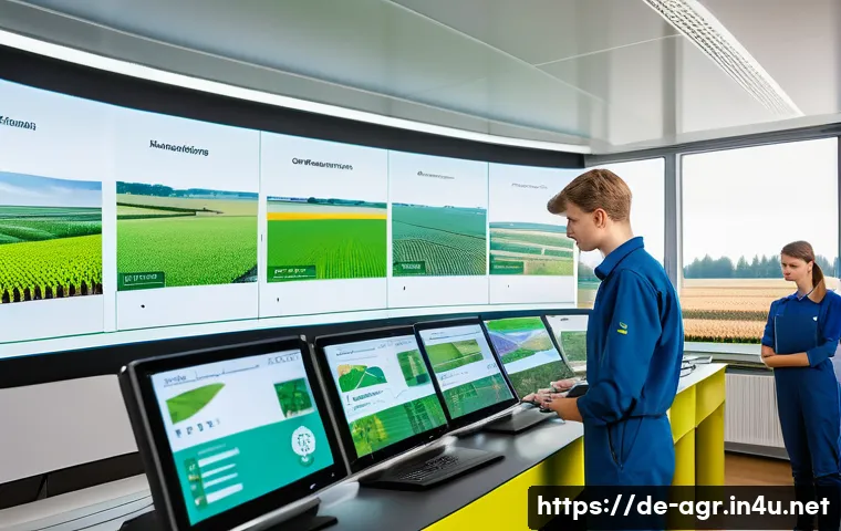 농업기술 분야 자격증 비교 - A modern German agricultural training center classroom scene, featuring young adult students wearing...