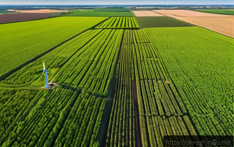 농업기술과 친환경 농업의 접목 - A high-resolution aerial view of a modern European farm field monitored by drones and satellites, sh...
