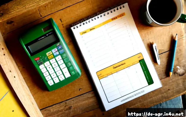 농업기술 자격증 학습 플래너 - Photorealistic overhead view of a German agricultural technology certification study planner on a ru...